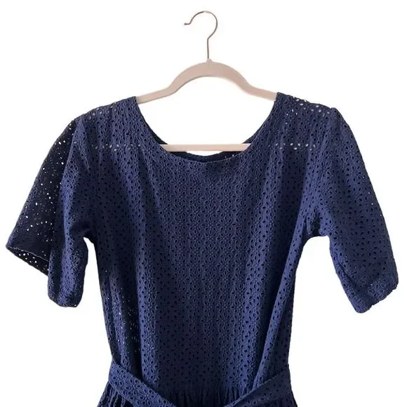 Lisa Marie Fernandez Navy Blue 100% Cotton Eyelet Shift‎ Midi Dress Small